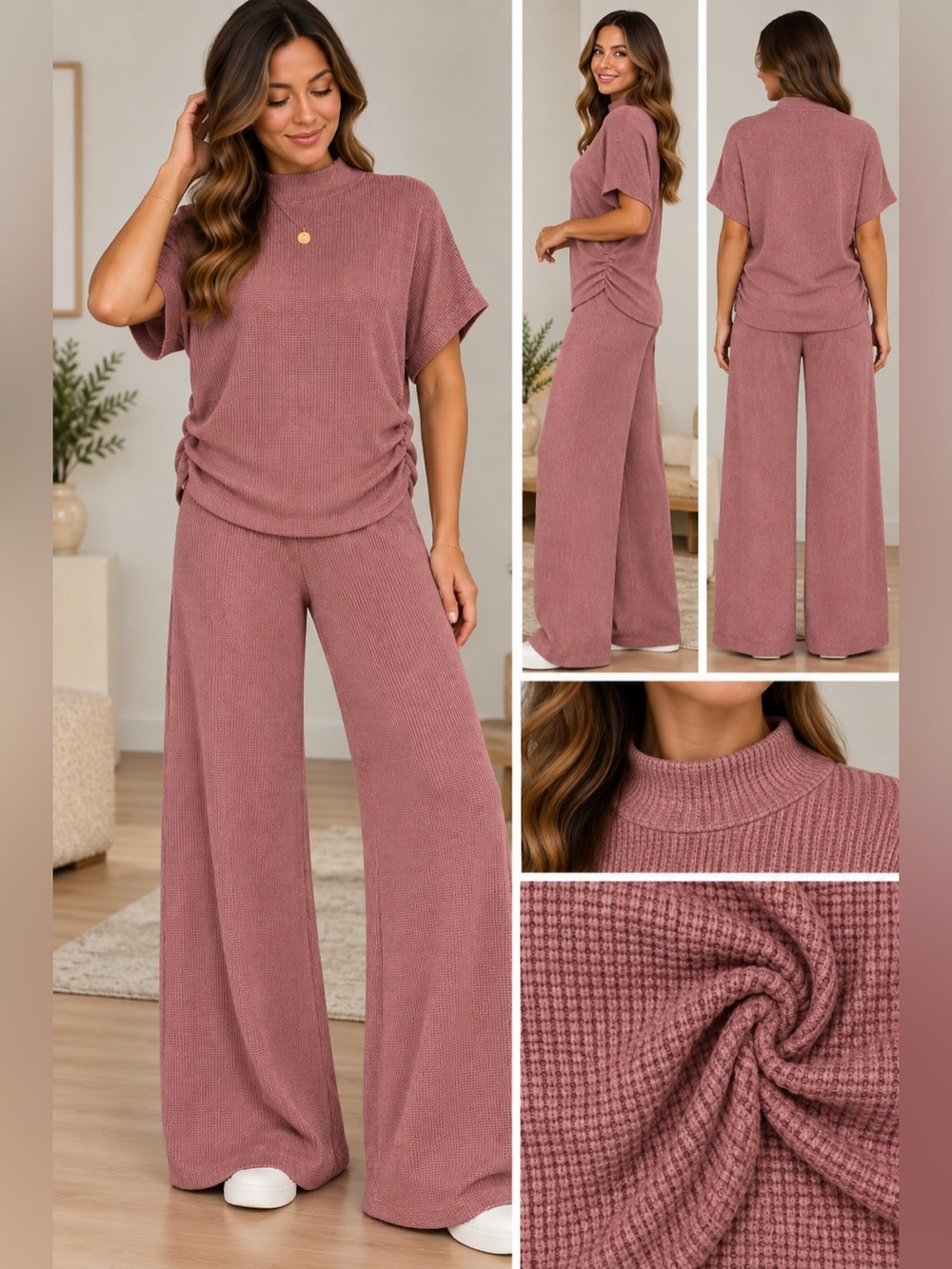 Zenana, Cozy Soft Waffle Knit Wide-Leg Pants & Top Set - Dusty Rose